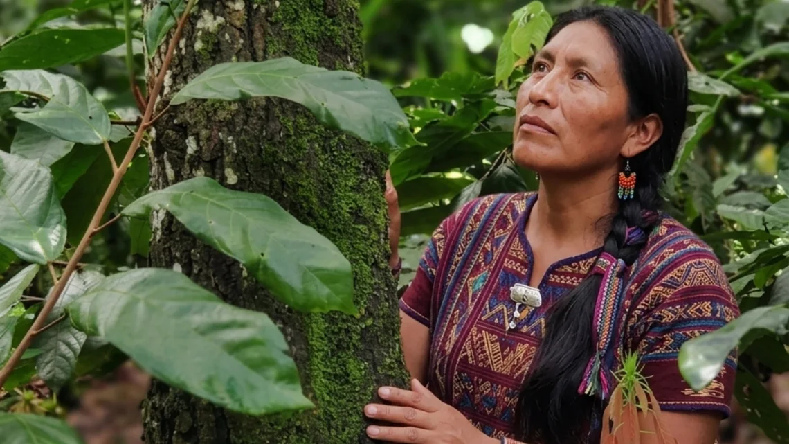 Une cultivatrice au pied d'un cacaoyer, en forêt péruvienne