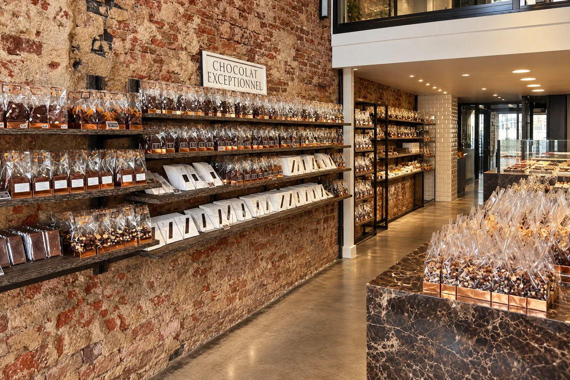 Inside the Sainte Catherine shop, Quai aux Briques: the brick wall lined with chocolates and the marble counter