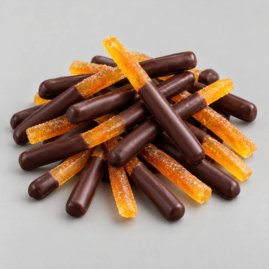 Une pile d'orangettes enrobées de chocolat noir, le bout d'écorce confite apparent
