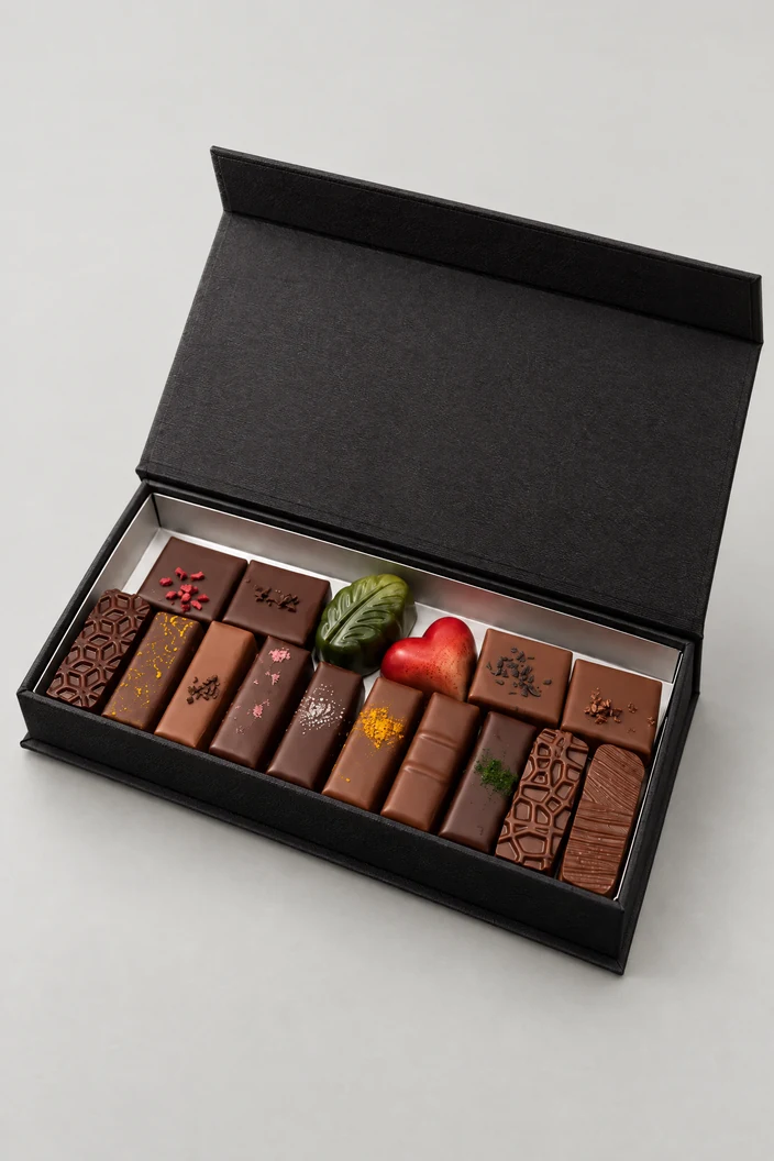 La boîte noire allongée de l'Atelier, ouverte sur ses pralines assorties