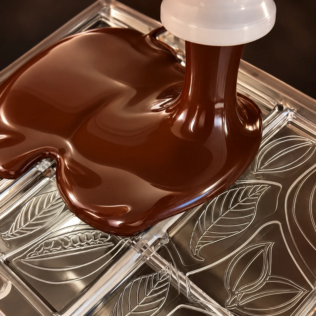 In ons atelier stroomt getempereerde chocolade over een tabletvorm gegraveerd met cacaovruchten en -bladeren