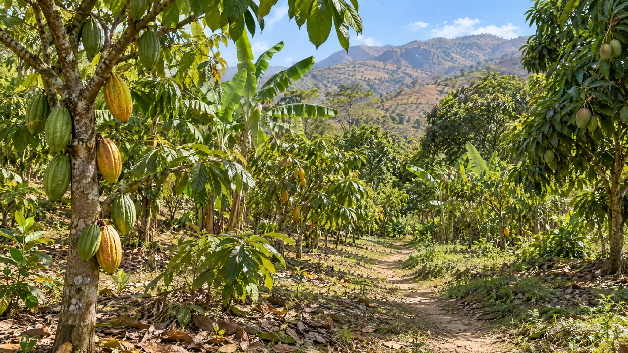 Cacaobomen vol vruchten in de lichte schaduw van fruitbomen, aan de voet van de Andes, in de regio Piura