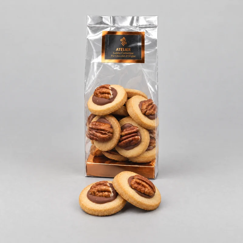 Het zakje zandkoekjes met chocolade en pecannoten