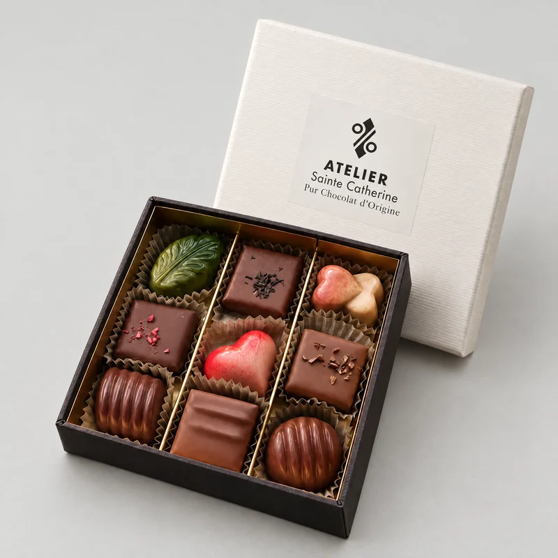 De witte doos met negen pralines
