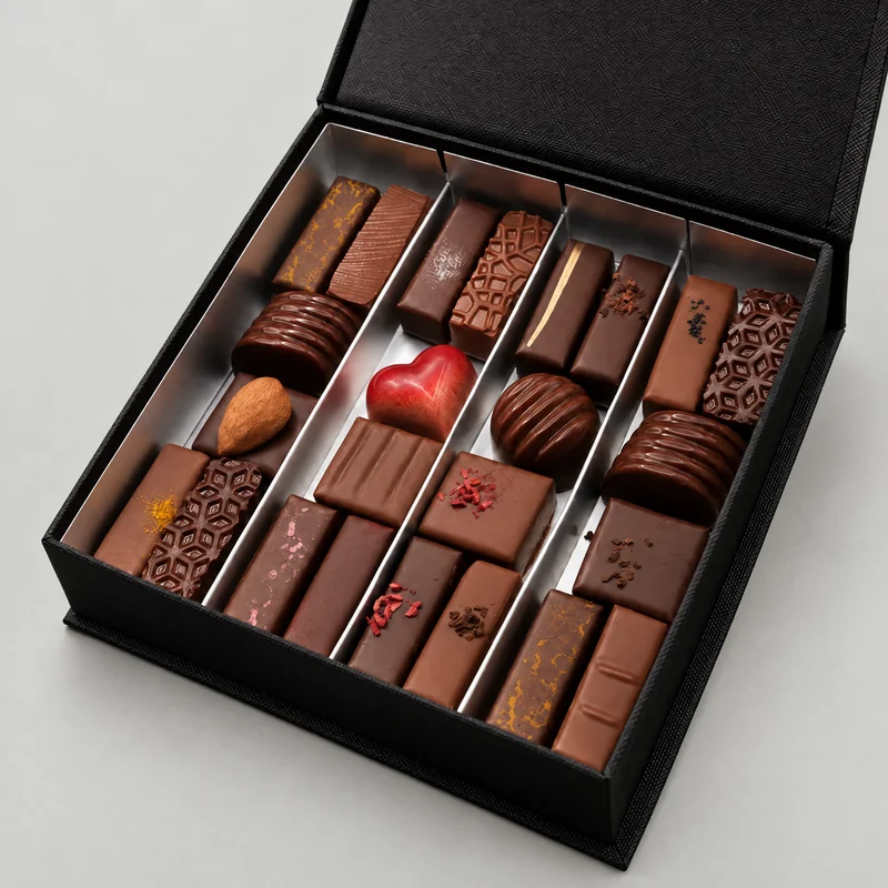 Het grote pralineassortiment in zijn zwarte doos