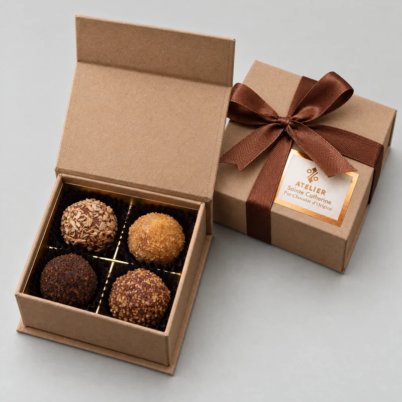 Het kleine kraftdoosje met vier truffels, open, naast hetzelfde doosje met een lint