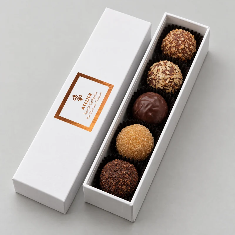 De lange doos met vijf truffels, het deksel ernaast