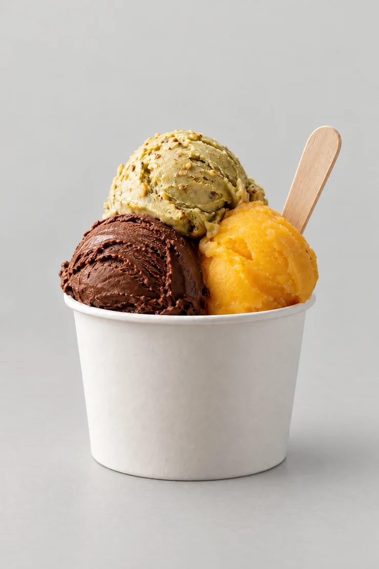 Een bekertje met drie bollen ijs en sorbet