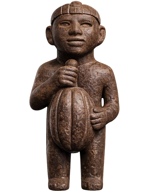 Statuette précolombienne tenant une cabosse de cacao