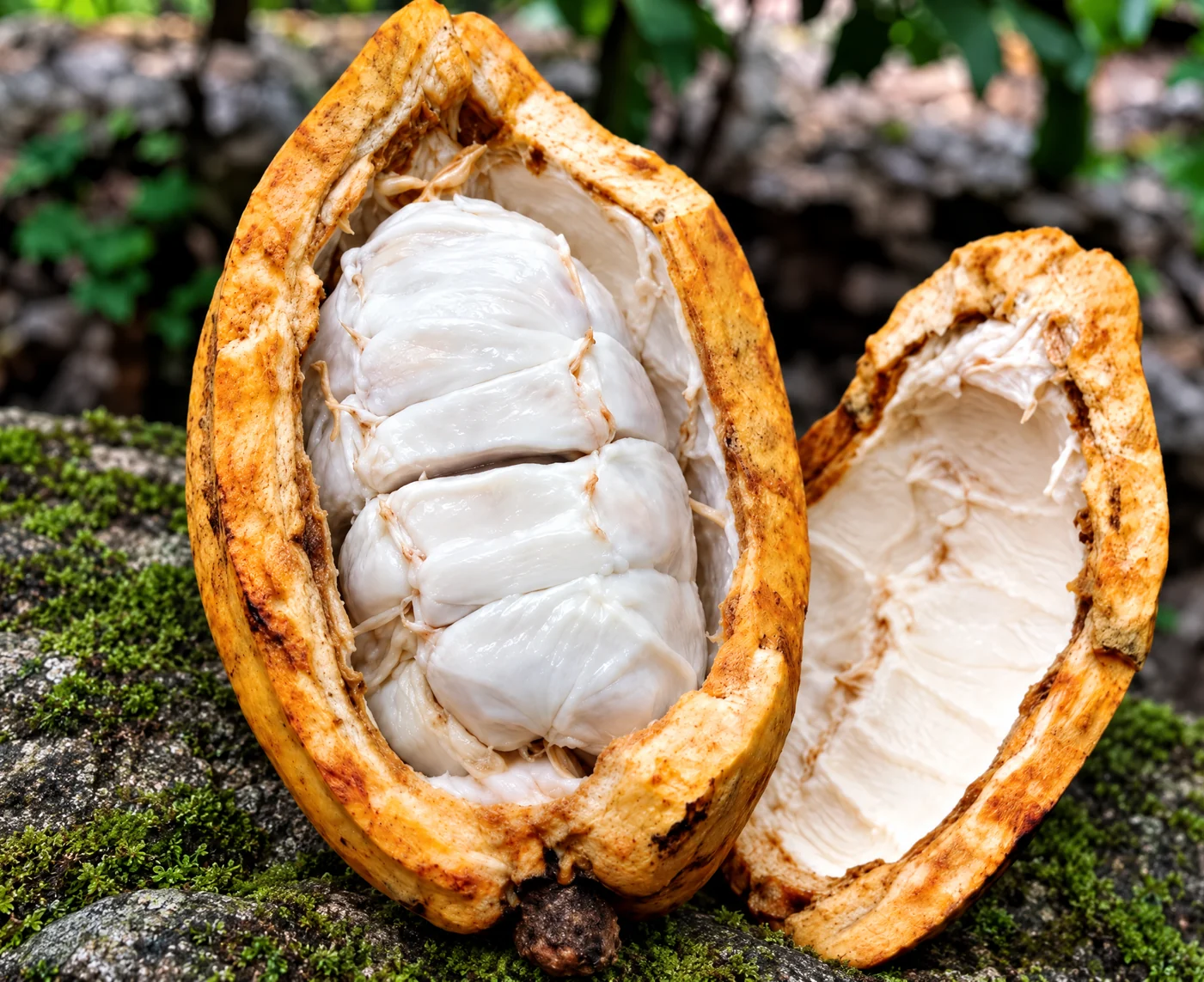 Une cabosse de cacao Chuncho ouverte à la main