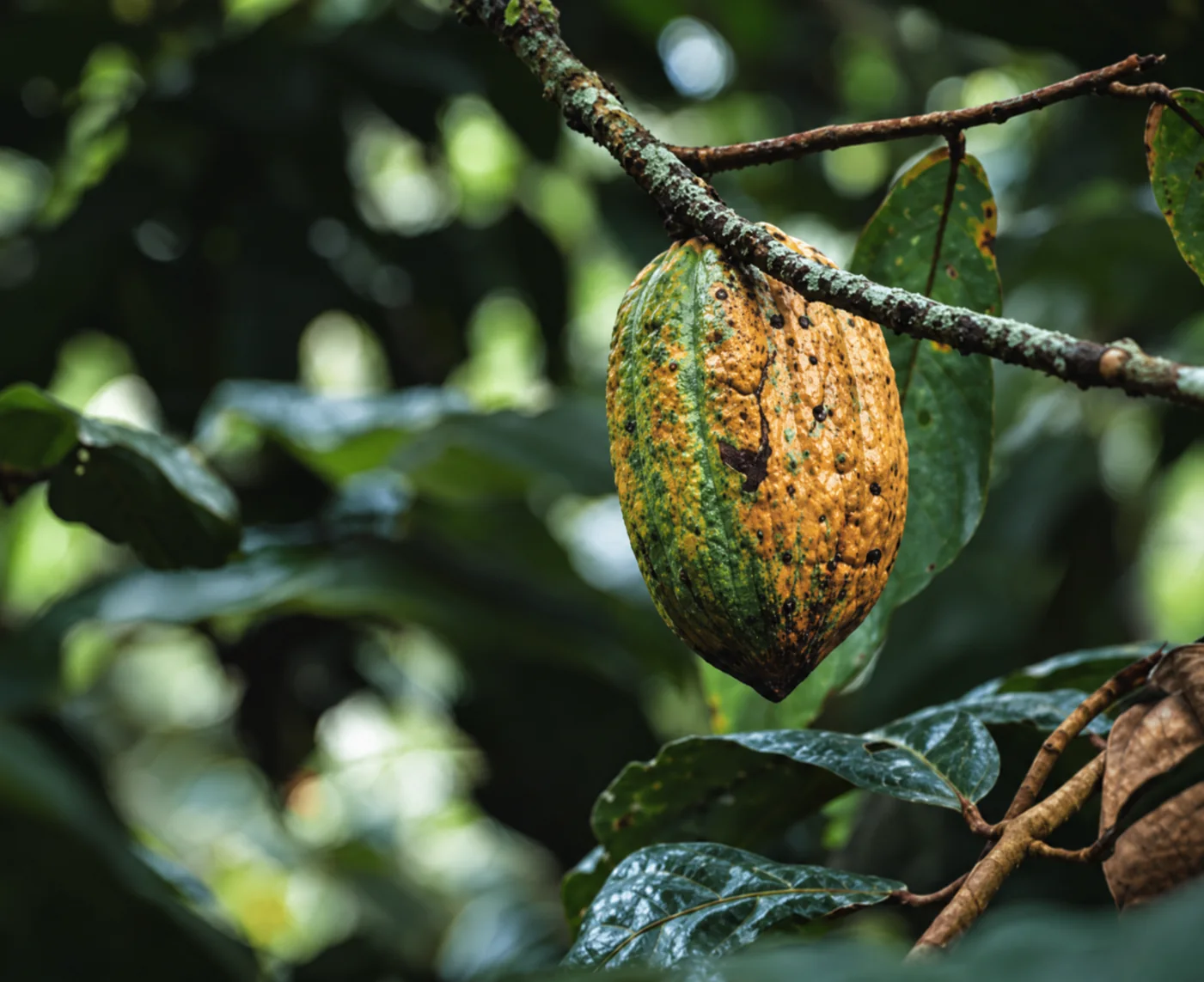Une cabosse sur le tronc d'un cacaoyer ancien